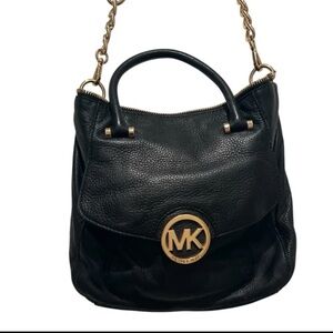 Michael Kors Fulton Black Pebbled Leather Crossbody Handbag with Gold Accents
